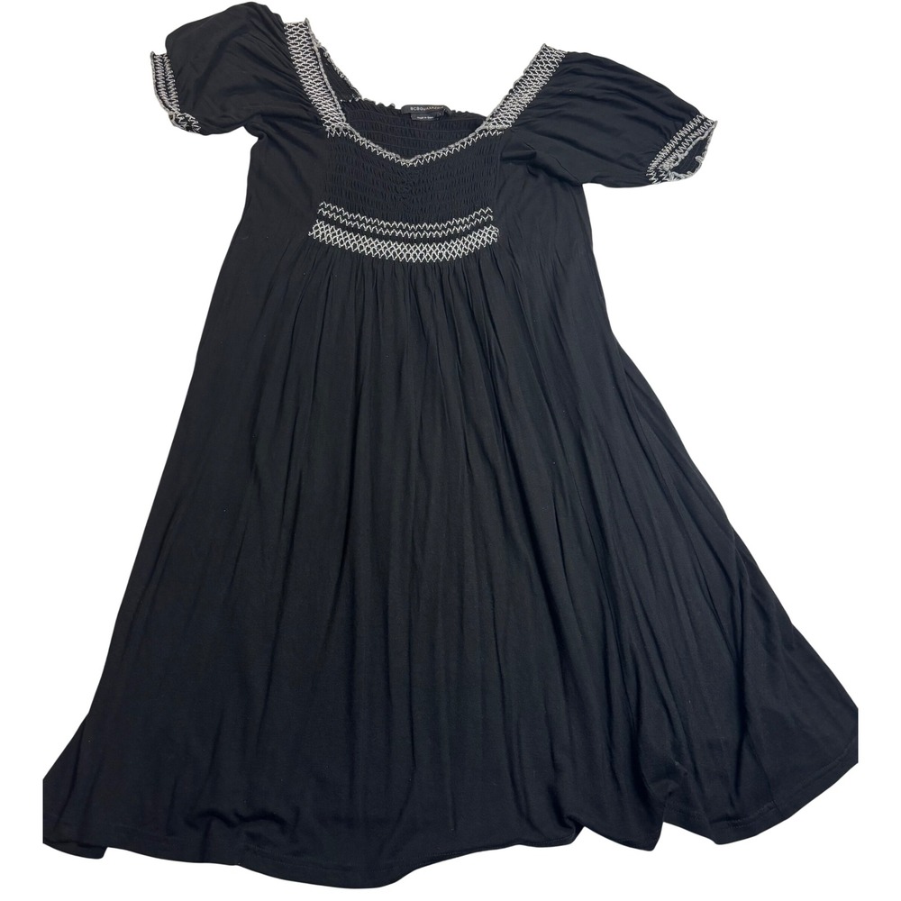 BCBGMAXAZRIA Dress Women's Black Excellent Smocked Embroidered Boho Mini Sz Lg